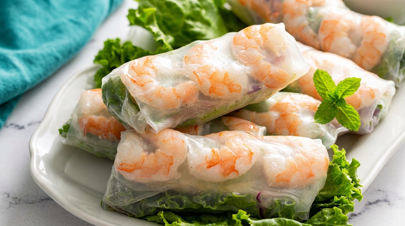 Fresh shrimp spring rolls with lettuce and mint on a white platter, with a blue napkin.
