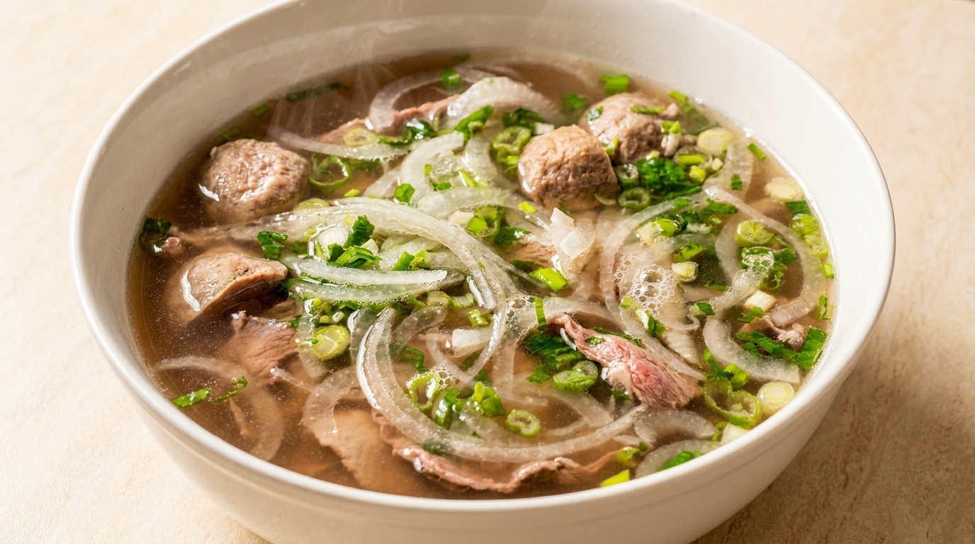 A steaming bowl of pho with beef, meatballs, sliced onions, and green onions.