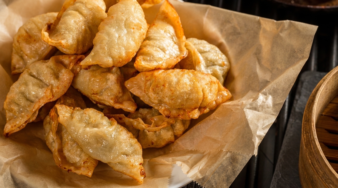 A close-up of golden-brown fried dumplings, or potstickers, served in a white bowl lined with parchment paper.