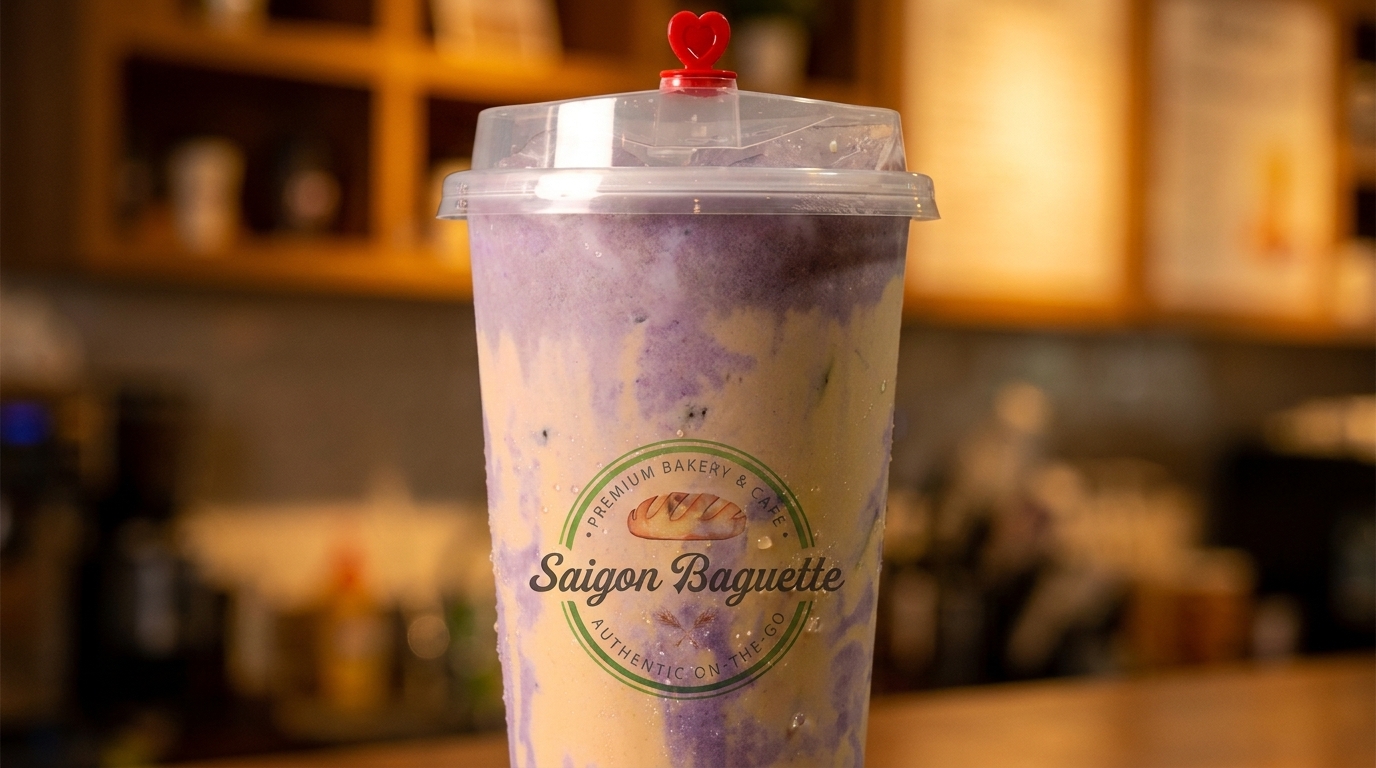 A Saigon Baguette taro and mango smoothie with a heart-shaped straw stopper.