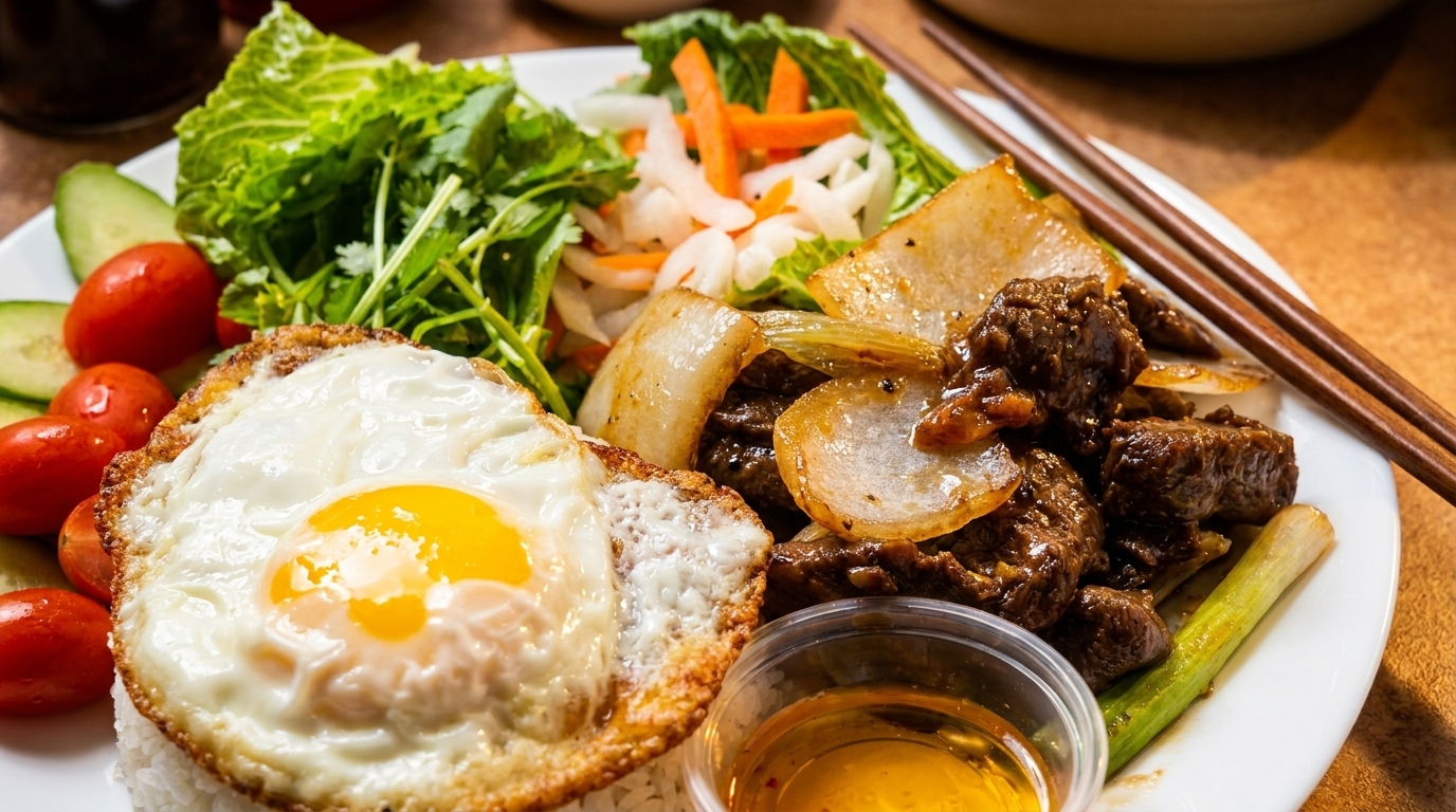 A Vietnamese dish with fried egg, beef, rice, and fresh vegetables on a white plate.