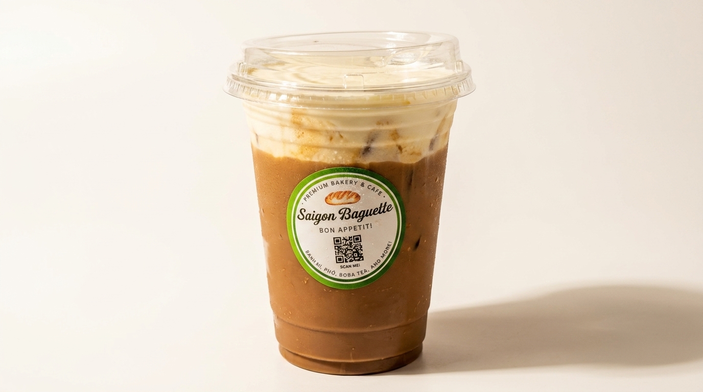 Iced coffee with a creamy topping in a clear plastic cup with a "Saigon Baguette" label.