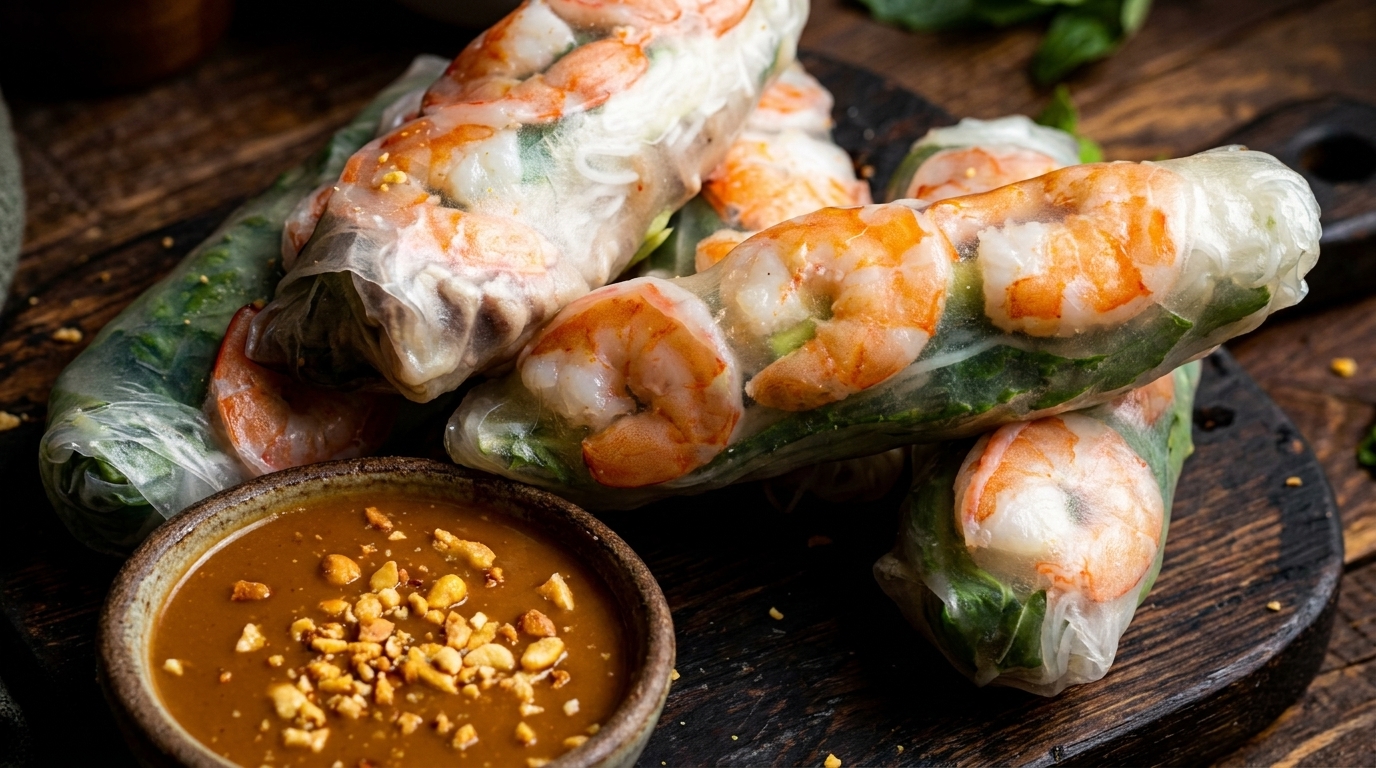 Fresh shrimp spring rolls with visible shrimp and greens, alongside a bowl of peanut dipping sauce.