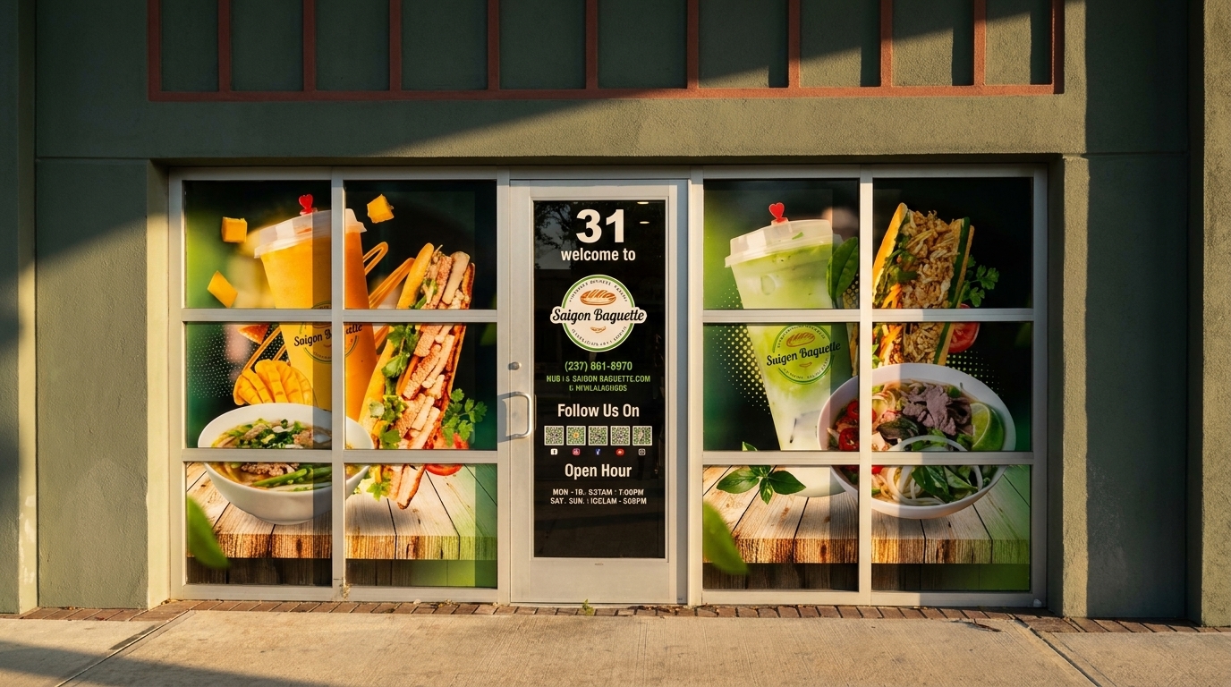 Storefront of Saigon Baguette with window decals showing banh mi, pho, and drinks.