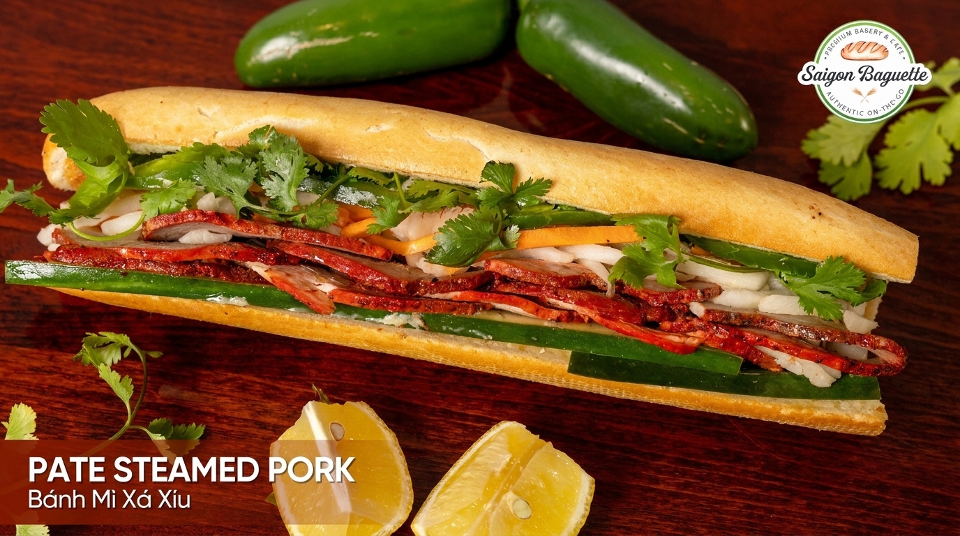 A Saigon Baguette Bánh Mì Xá Xíu sandwich with pate, steamed pork, and vegetables.