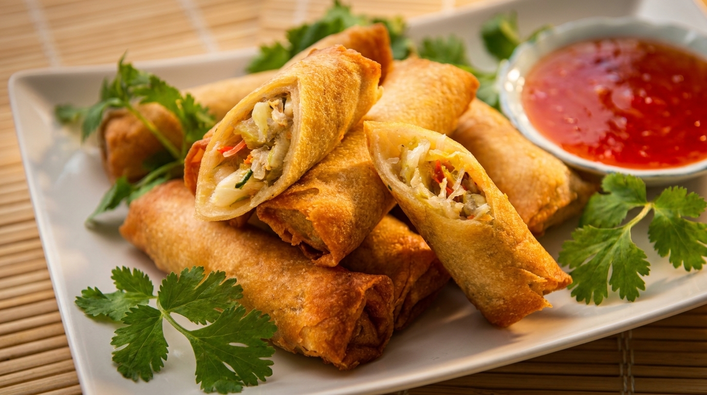 Crispy golden spring rolls, some cut open to show vegetable filling, with a side of sweet chili sauce.