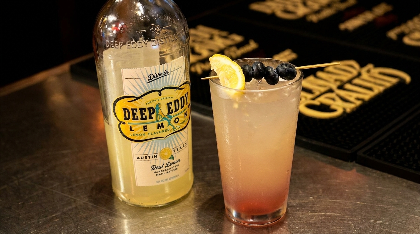 A Deep Eddy Lemon vodka bottle next to a cocktail garnished with lemon and blueberries.