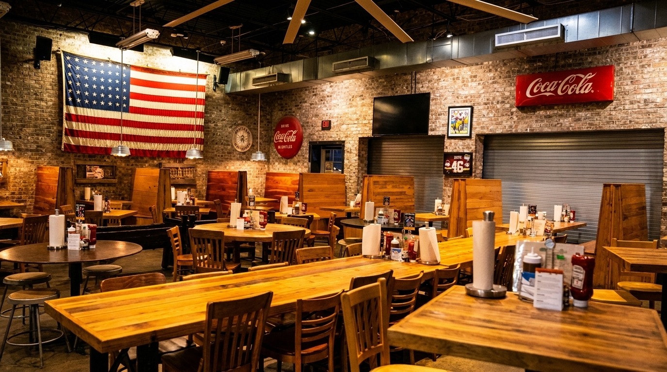 Spacious restaurant interior with wooden tables, brick walls, a large American flag, and Coca-Cola signs.