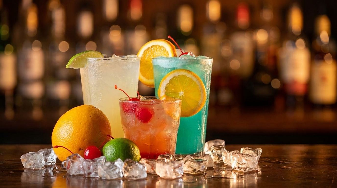 Three colorful cocktails with fruit garnishes and ice cubes on a bar, with blurred bottles in the background.