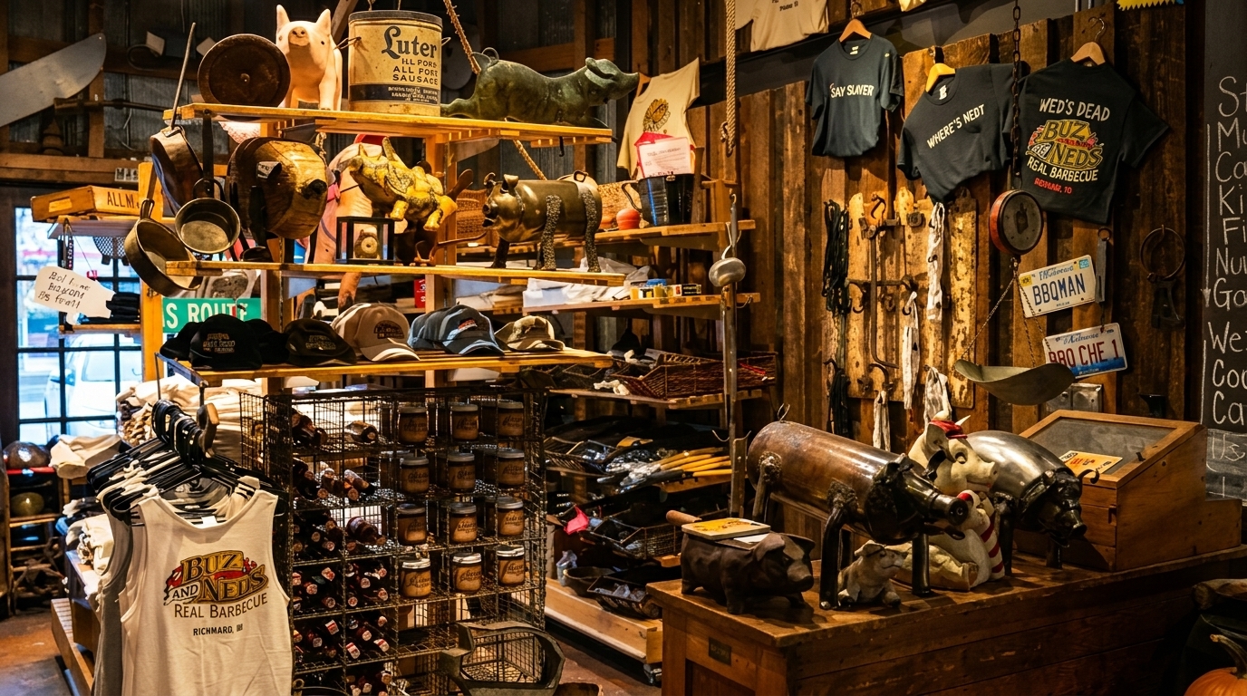 A rustic store interior with shelves of Buzz and Ned's BBQ merchandise, sauces, and pig figurines.