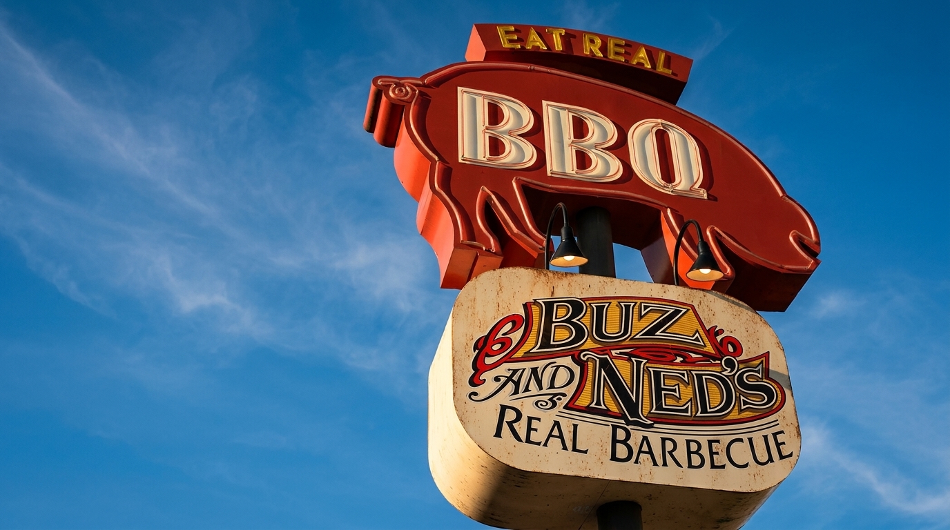 A red pig-shaped sign for "Buz and Ned's Real Barbecue" against a bright blue sky.