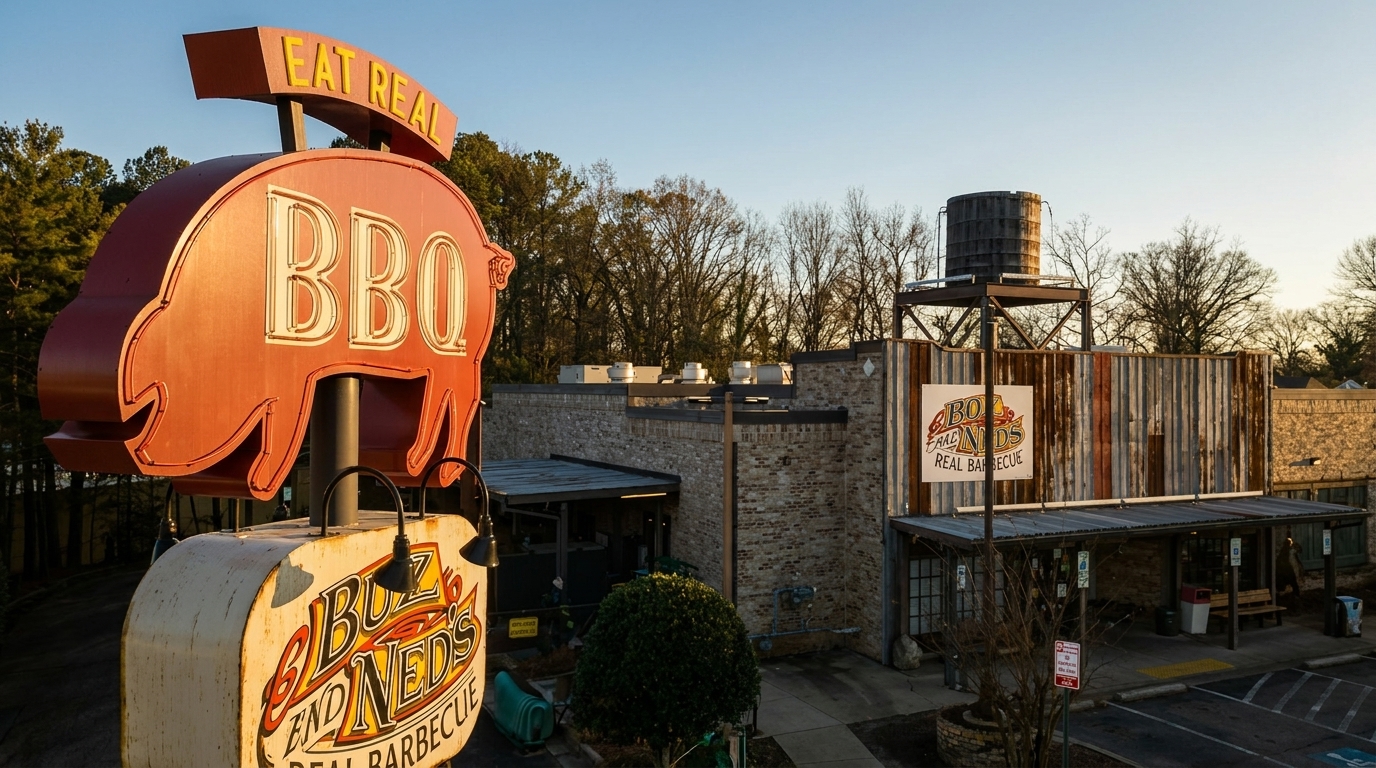Exterior of Buzz and Ned's Real Barbecue restaurant with a large pig-shaped sign and water tower.