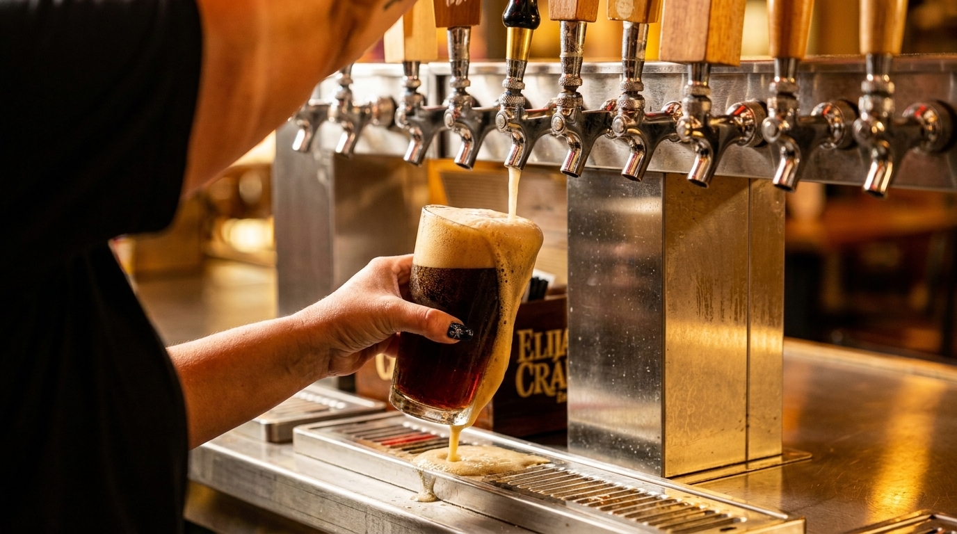 Bartender pouring a dark beer from a tap, overflowing with foam onto the drip tray.
