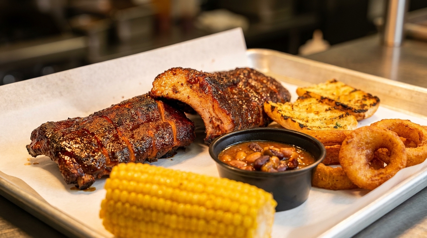 Ribs, corn on the cob, baked beans, garlic bread, and onion rings on a metal tray.