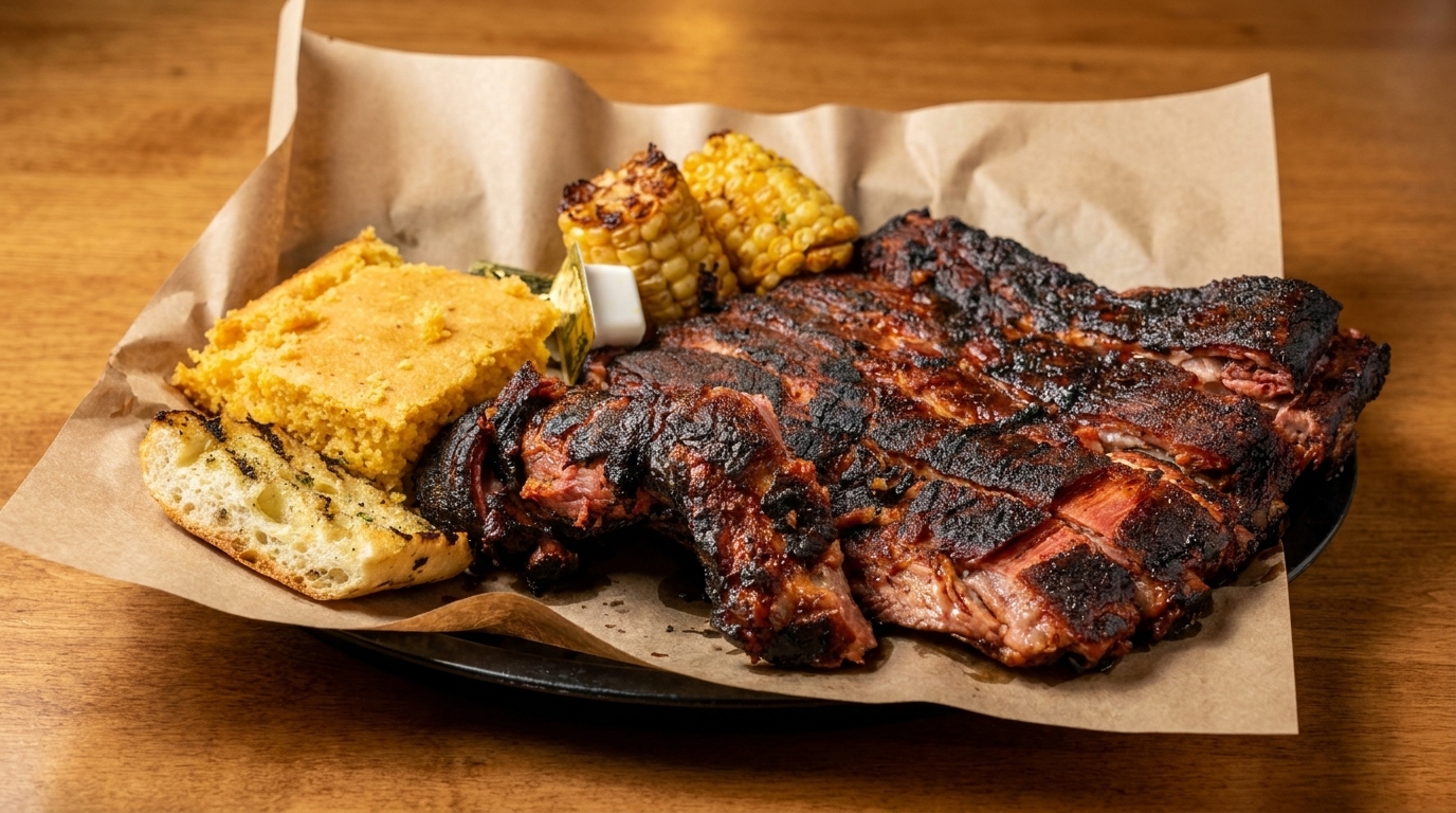 Platter of grilled ribs, cornbread, grilled corn on the cob, and garlic bread on a wooden table.
