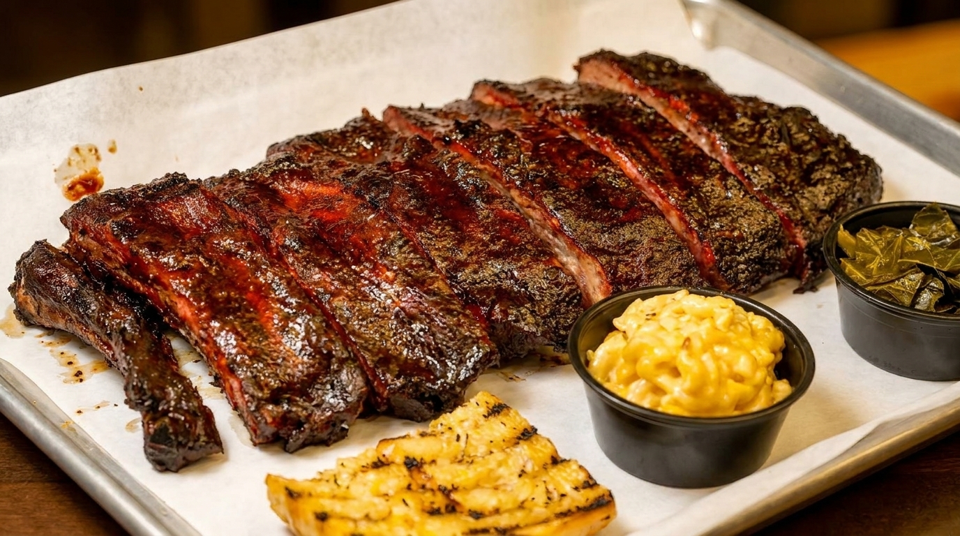 Smoked ribs, mac and cheese, collard greens, and grilled cornbread on a white paper-lined tray.