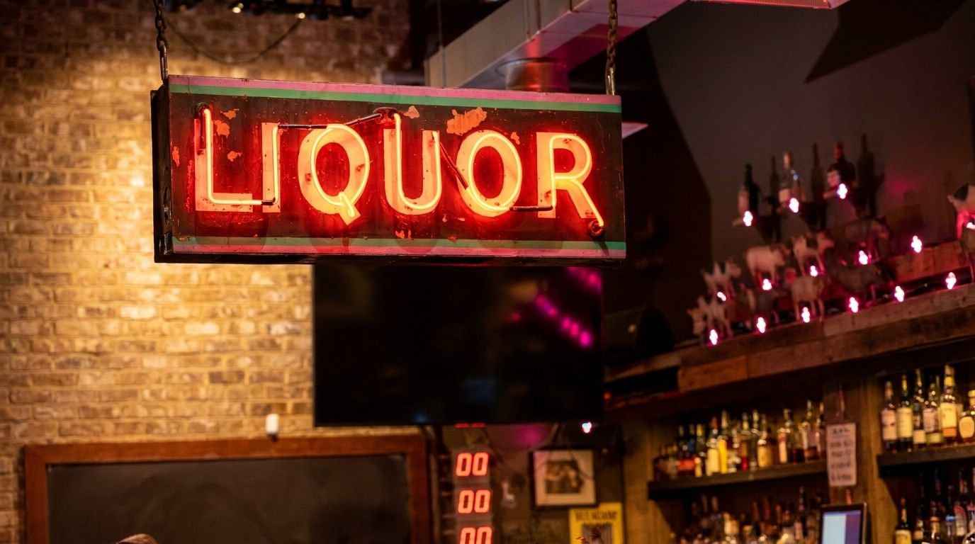 A neon "LIQUOR" sign hangs above a bar with bottles, a TV, and cow figurines.