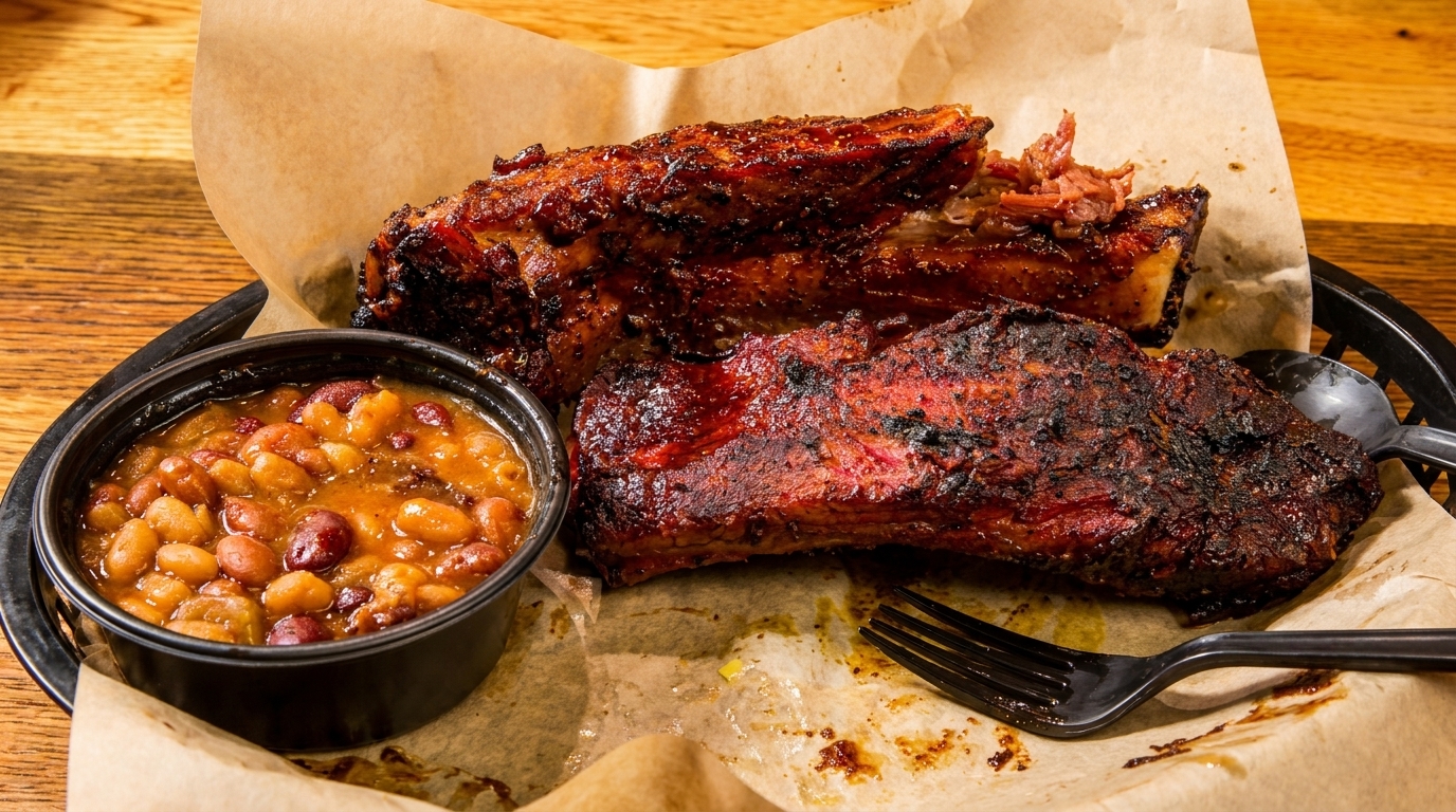 Two large pieces of barbecued meat and a side of baked beans on a tray.