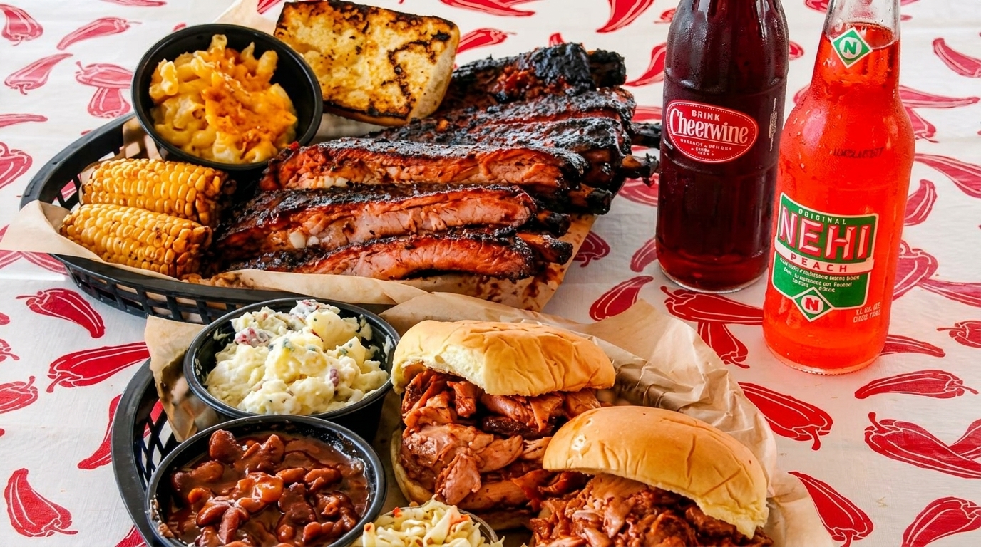 A feast of BBQ ribs, pulled pork sandwiches, mac and cheese, corn, baked beans, and sodas.