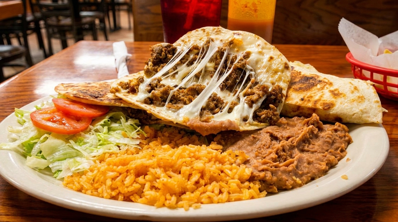A plate of Mexican food with a cheesy taco, rice, refried beans, lettuce, and tomatoes.