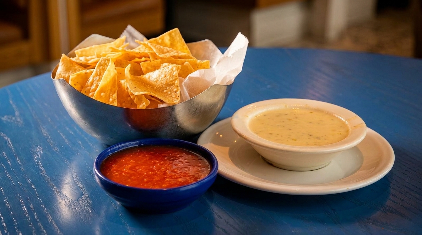 A bowl of tortilla chips, a bowl of red salsa, and a bowl of queso dip on a blue table.