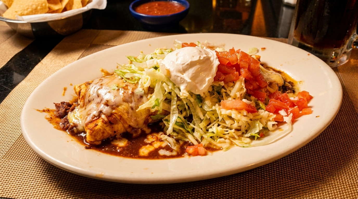 A large plate of Mexican food with a cheesy burrito, shredded lettuce, diced tomatoes, and sour cream.
