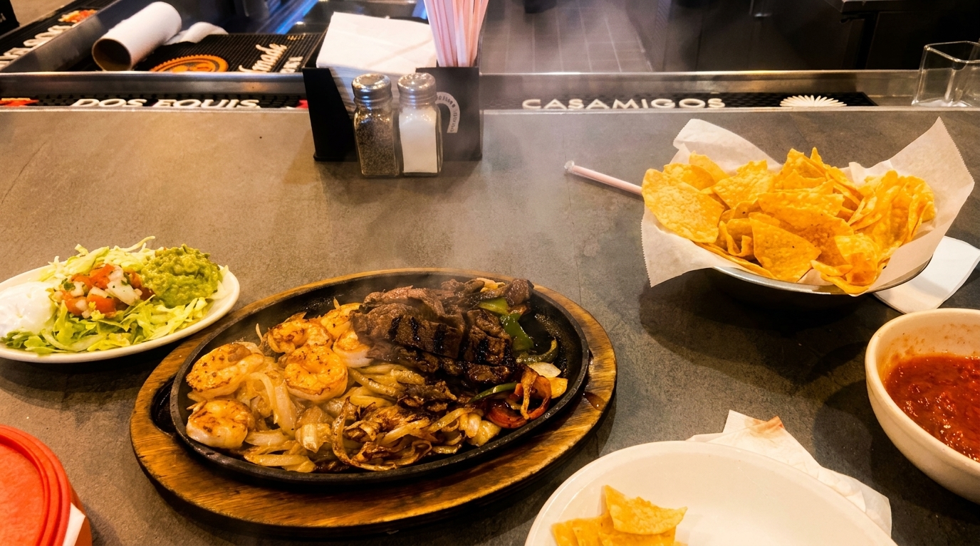 Sizzling fajitas with shrimp and steak, guacamole, salsa, and tortilla chips on a bar counter.