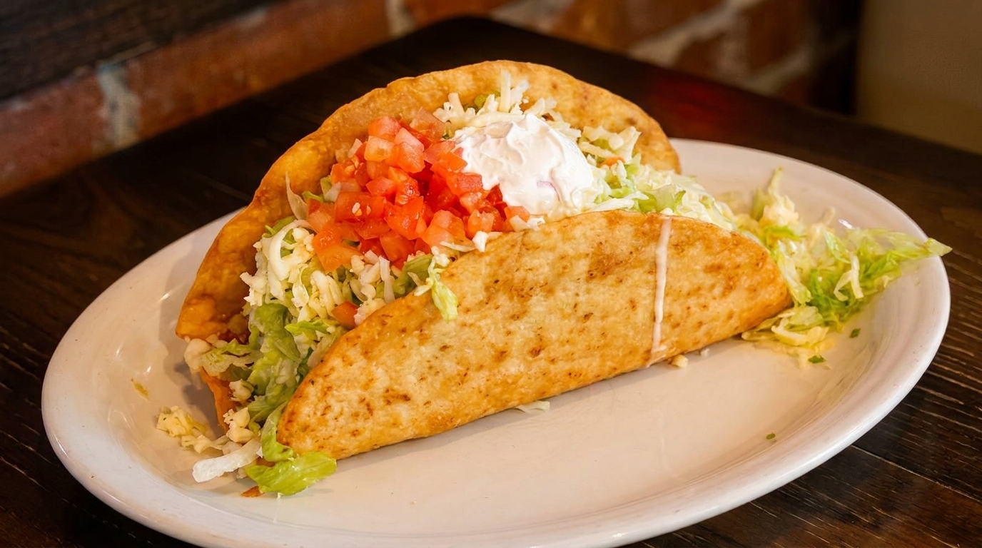 A crispy fried taco filled with shredded lettuce, cheese, diced tomatoes, and a dollop of sour cream.