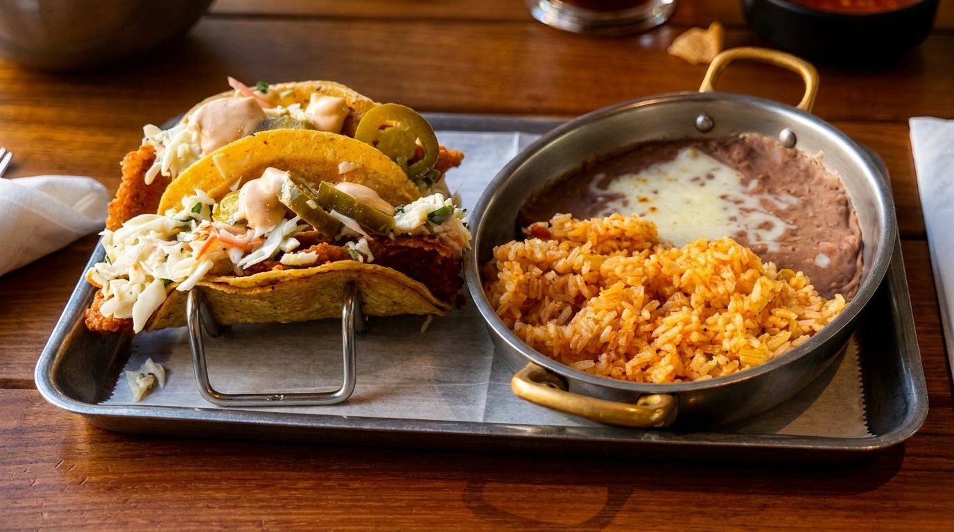Two crispy tacos with slaw and sauce, served with rice and refried beans on a metal tray.