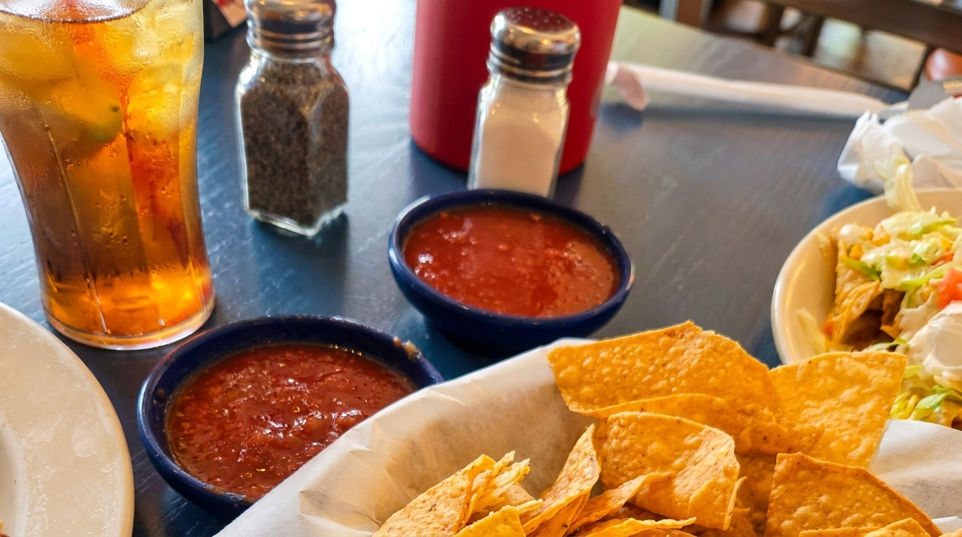 Table set with iced tea, two bowls of salsa, a basket of tortilla chips, and tacos.