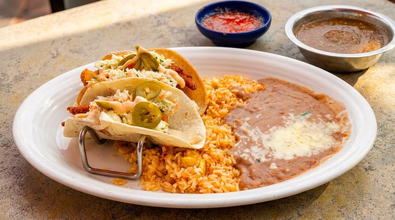 Two fish tacos with coleslaw and jalapeños, served with rice, refried beans, and salsa.