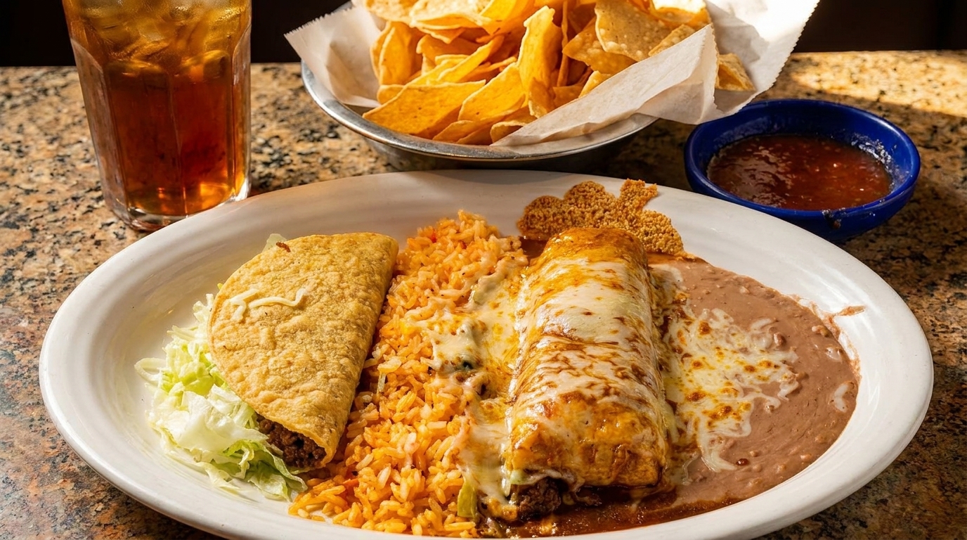 Mexican combo plate with a taco, cheesy burrito, rice, refried beans, chips, salsa, and iced tea.
