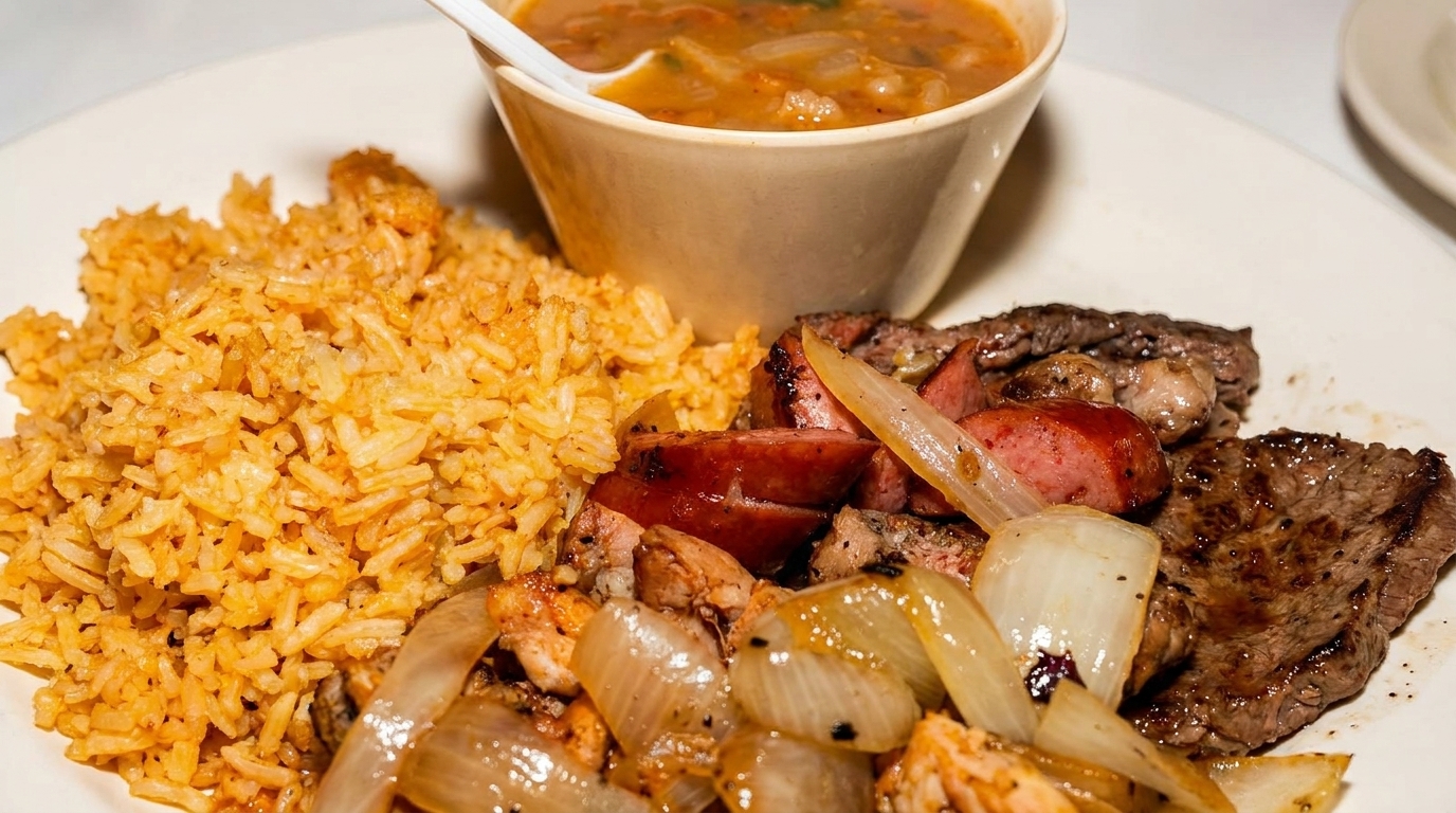 A plate of rice, grilled steak, sausage, chicken, onions, and a side of soup.