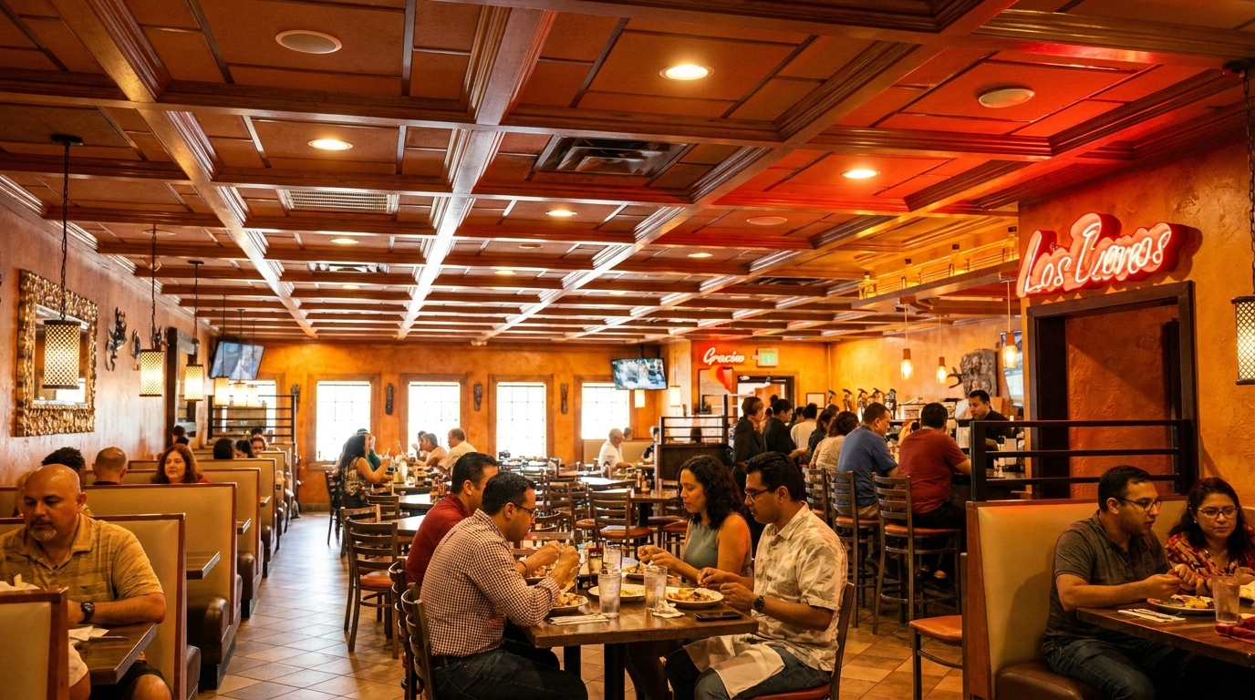 A bustling restaurant interior with patrons dining at tables and booths under a coffered wooden ceiling.