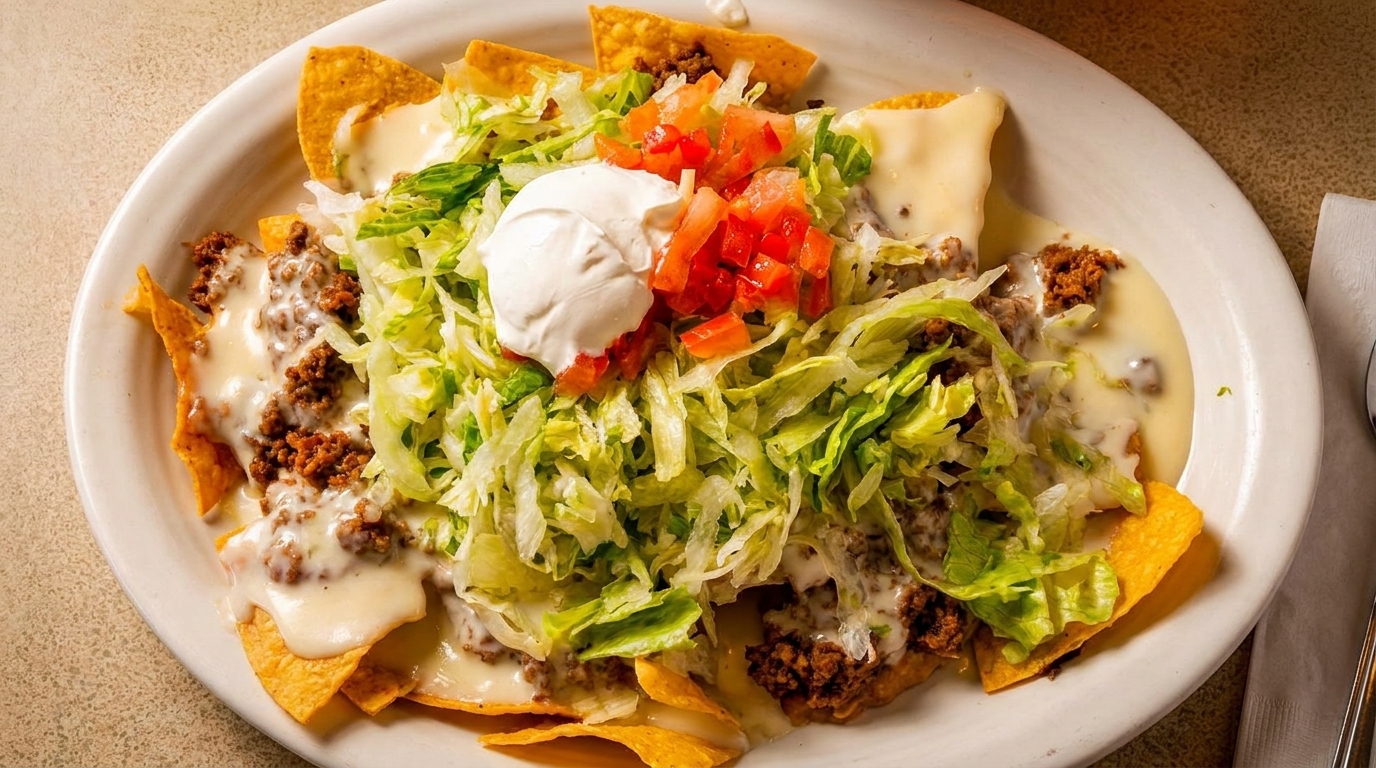 A plate of nachos with ground beef, cheese sauce, shredded lettuce, diced tomatoes, and sour cream.