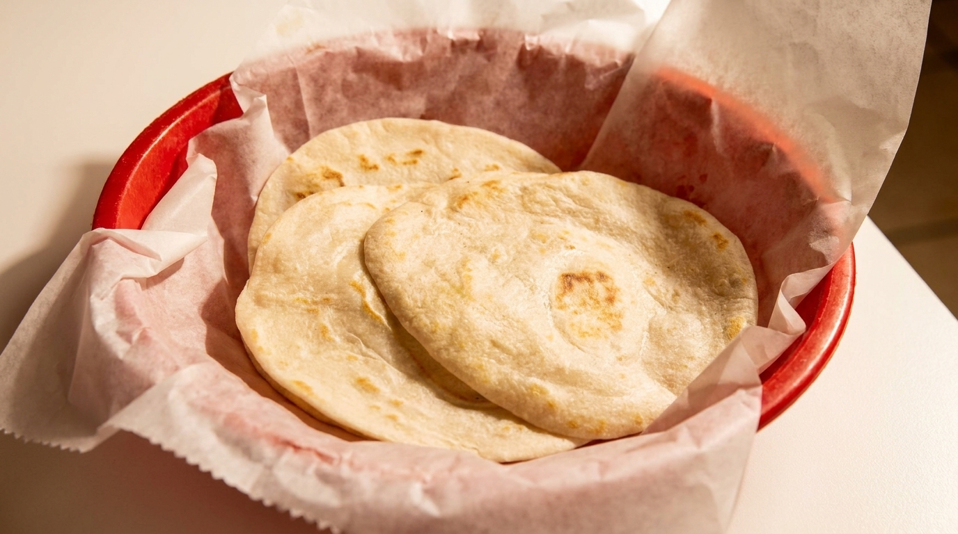 Three warm, fluffy flatbreads with light browning, served in a red basket lined with white paper.