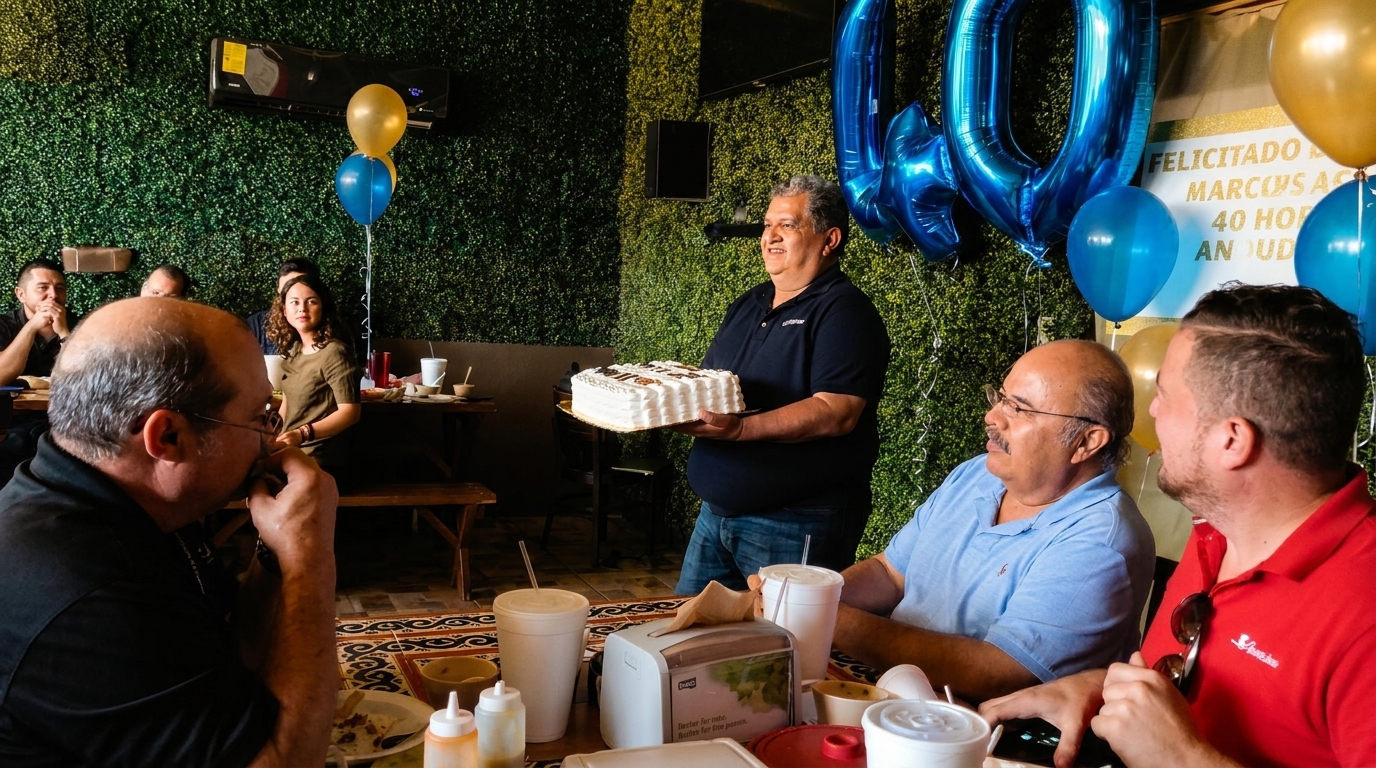 Man holding a birthday cake for a celebration with blue and gold balloons in a restaurant.