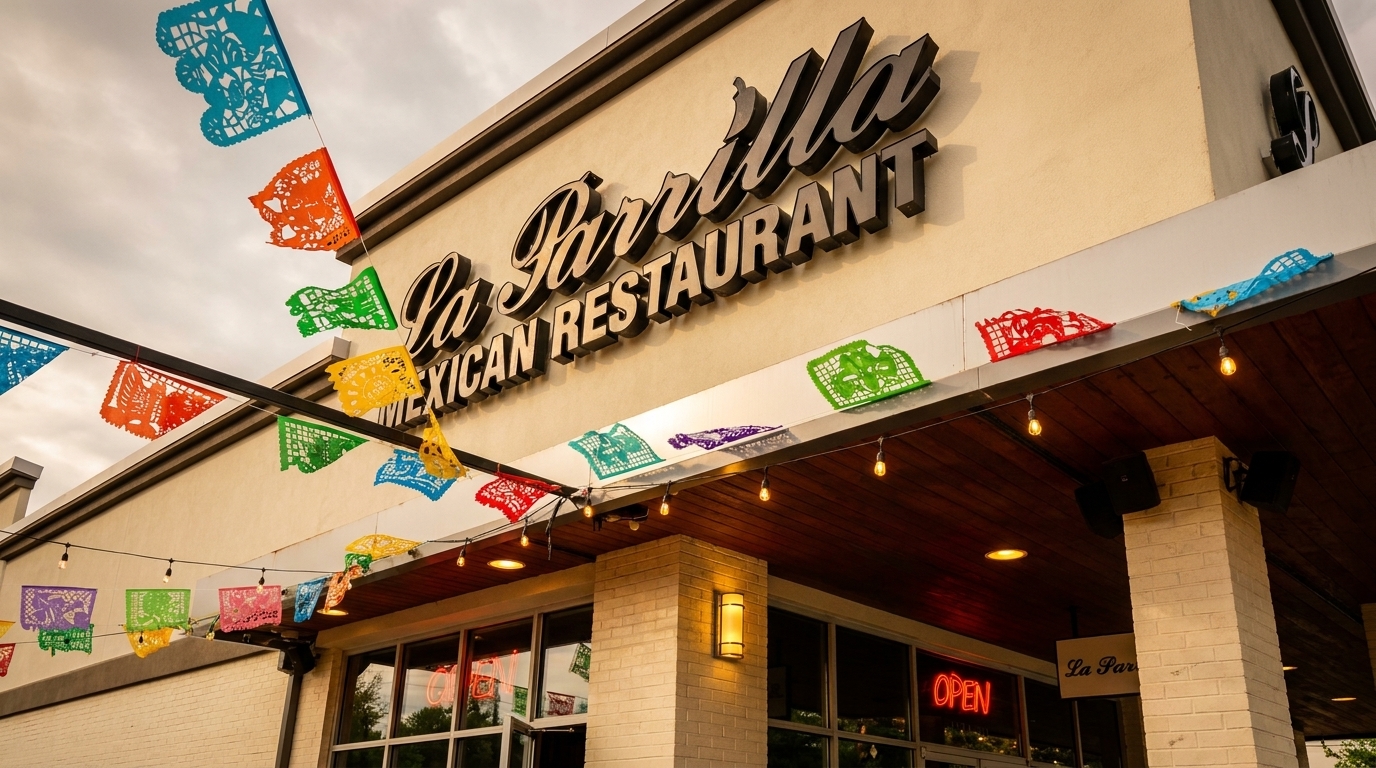 Exterior of La Parrilla Mexican Restaurant with colorful papel picado banners and string lights.