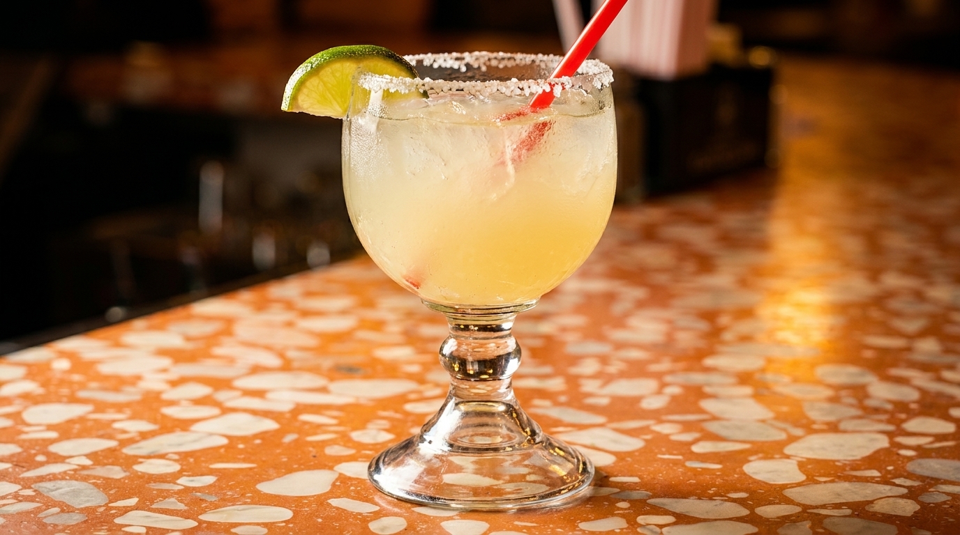 Margarita with a salted rim, lime wedge, and red straw on a speckled orange bar.