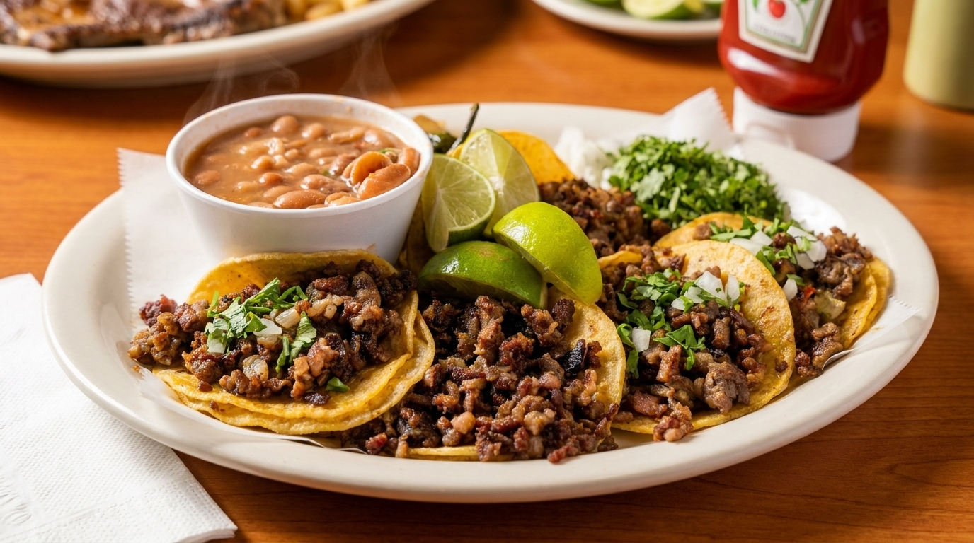 A plate of five street tacos with meat, cilantro, onions, lime, and a side of beans.