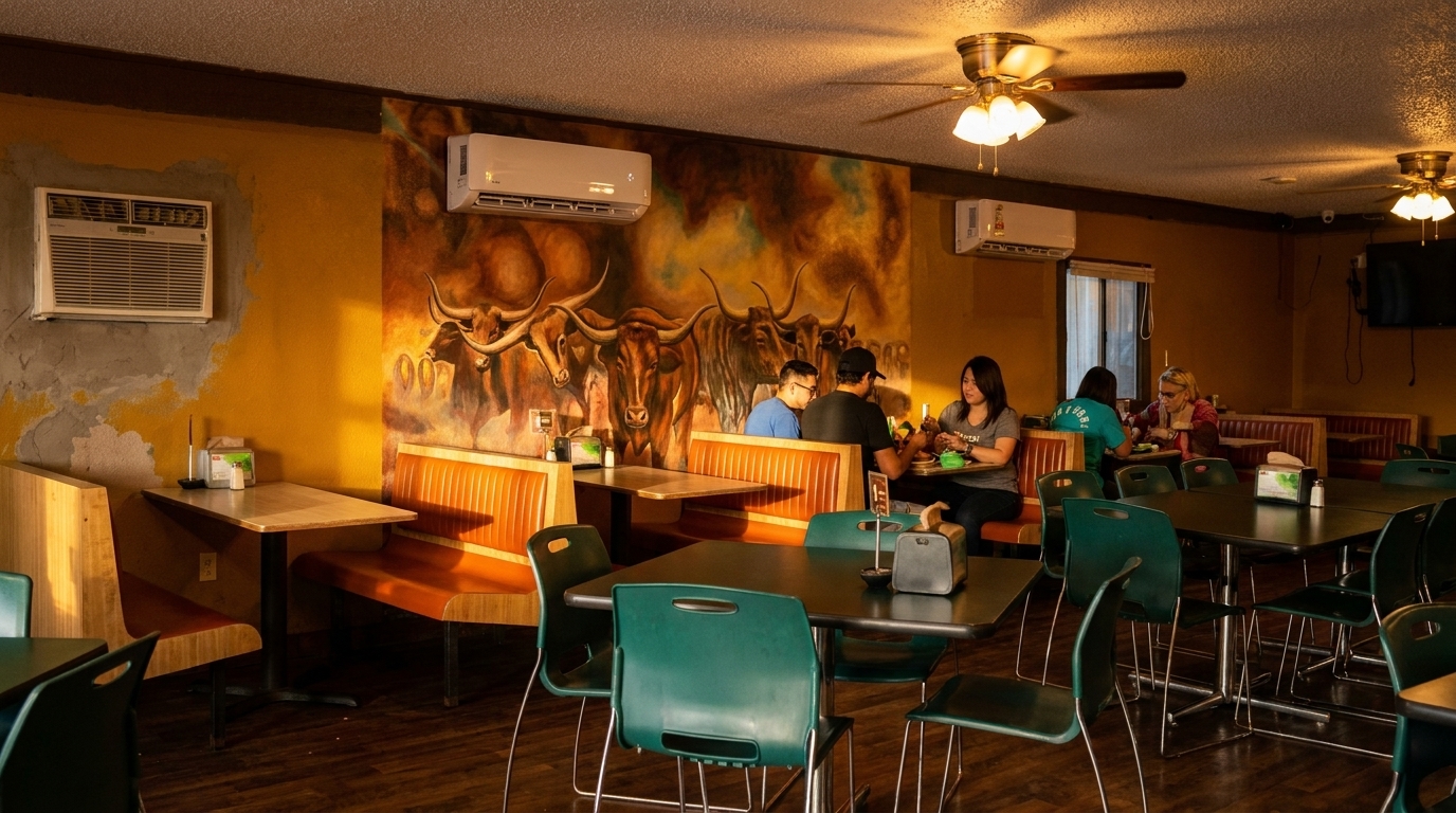 Restaurant interior with patrons dining at tables and booths, featuring a large longhorn mural on the wall.