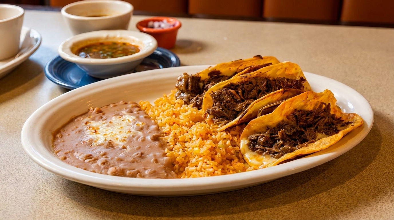 A plate of three beef tacos with rice and refried beans, with salsa and coffee in the background.