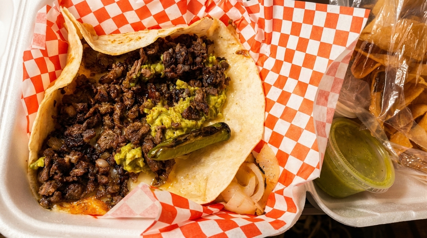 A large taco with carne asada, guacamole, grilled pepper, and onions in a takeout container.