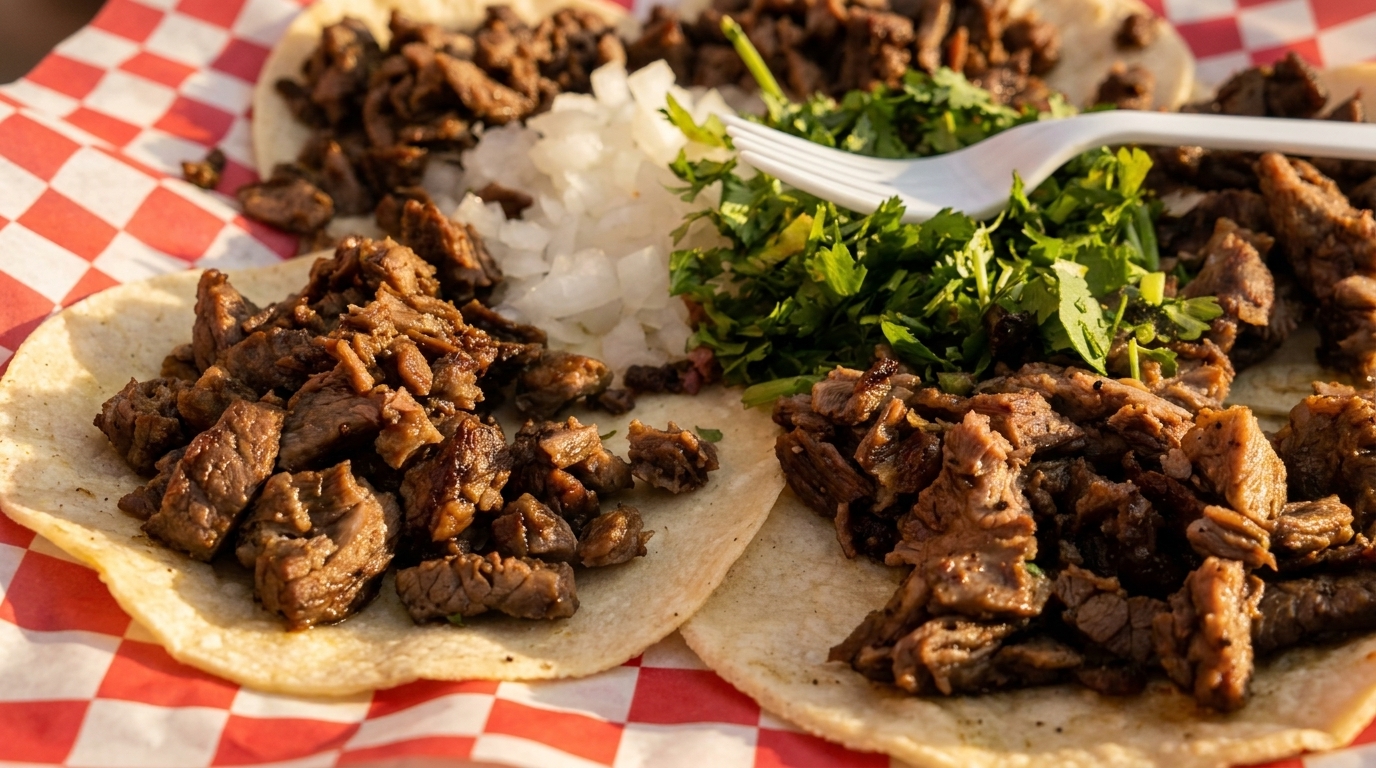 Three street tacos with chopped meat, diced onions, and cilantro on a red and white checkered paper.