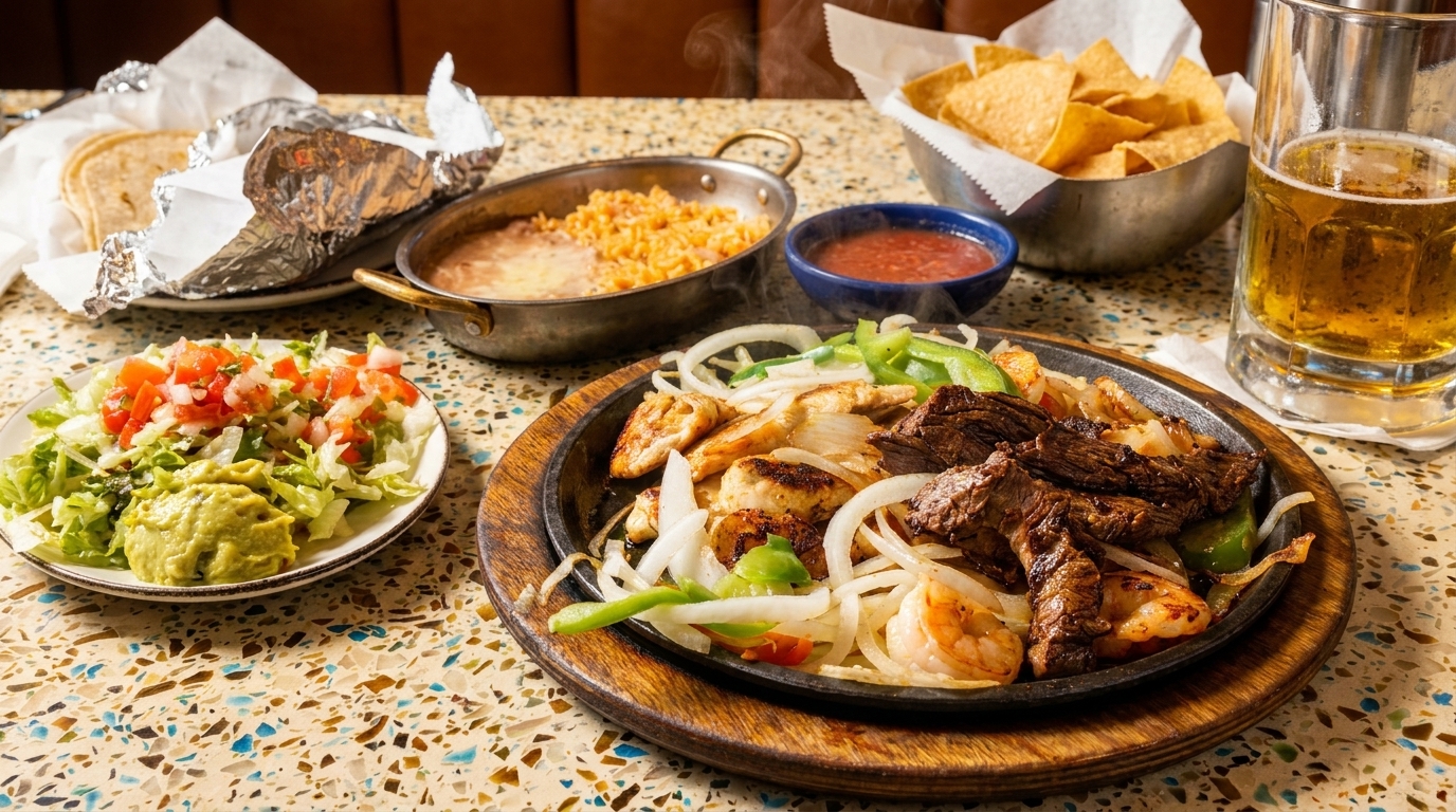 Sizzling fajitas with chicken, steak, and shrimp, alongside rice, beans, salsa, guacamole, and beer.