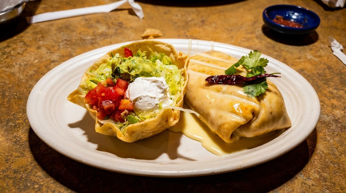 A burrito covered in cheese sauce next to a taco salad in a crispy shell.