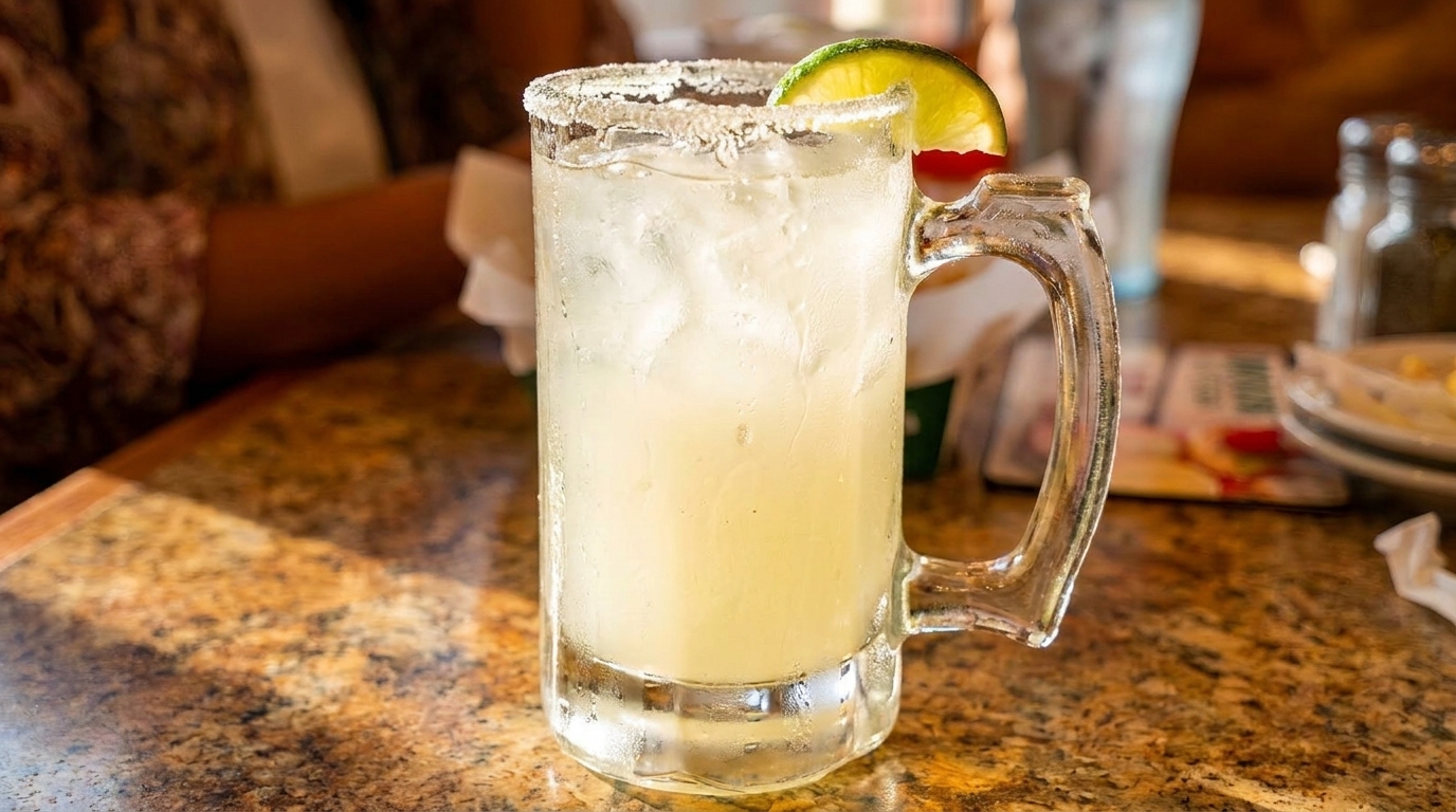 A frosty margarita in a mug with a salted rim and lime wedge on a speckled table.