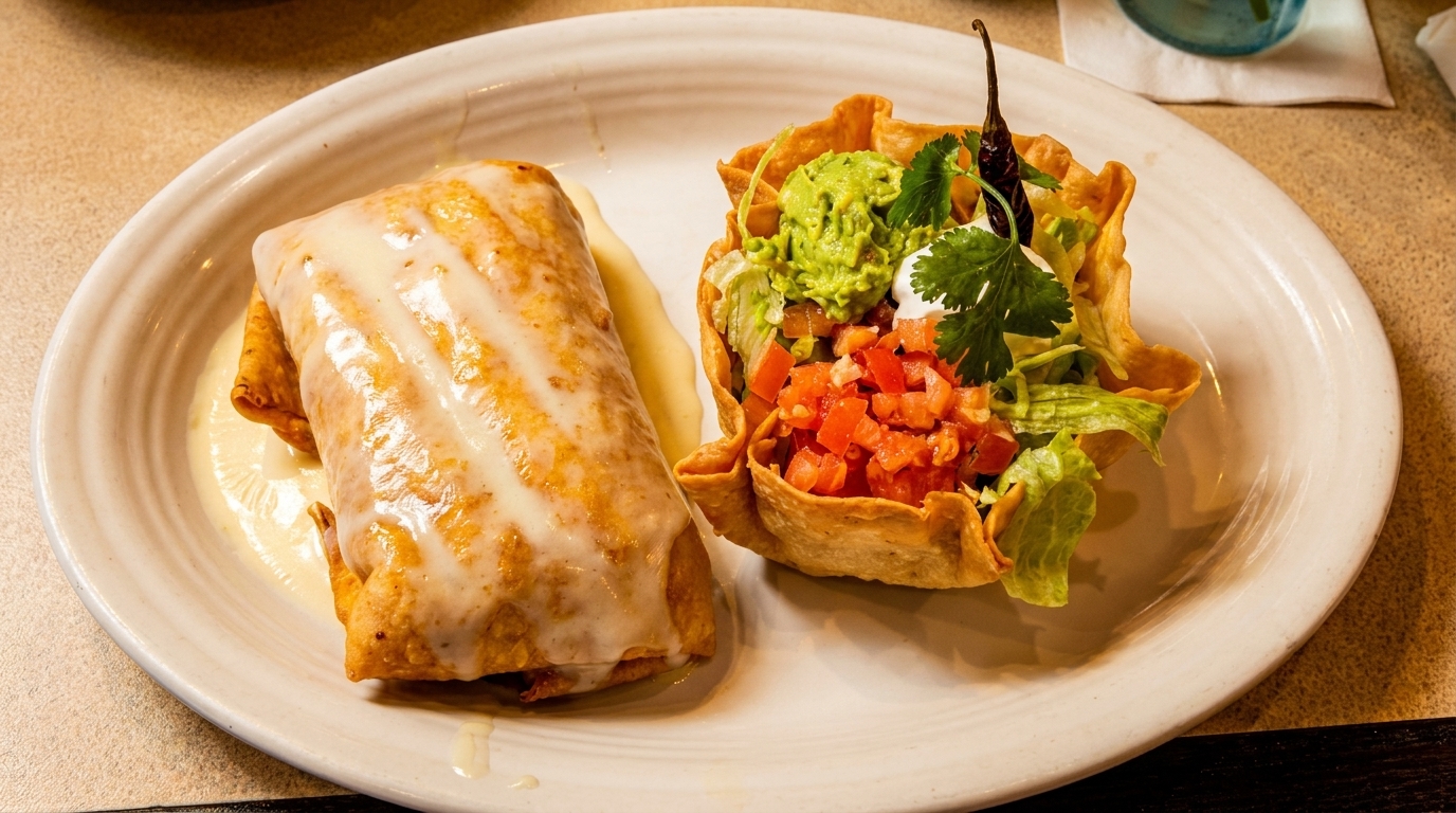 A cheese-covered burrito and a taco salad in a crispy shell with guacamole and salsa.