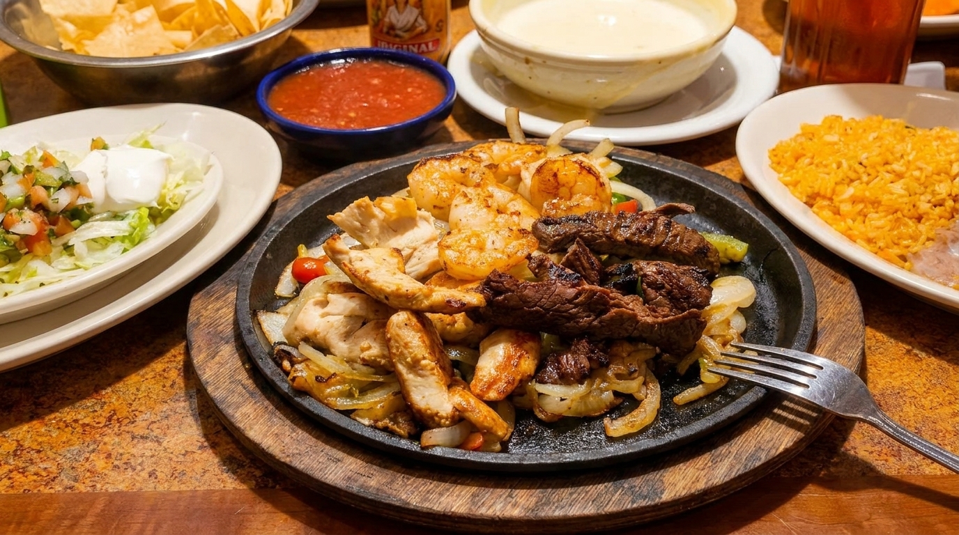 Sizzling fajitas with chicken, steak, and shrimp, served with rice, beans, salsa, and chips.