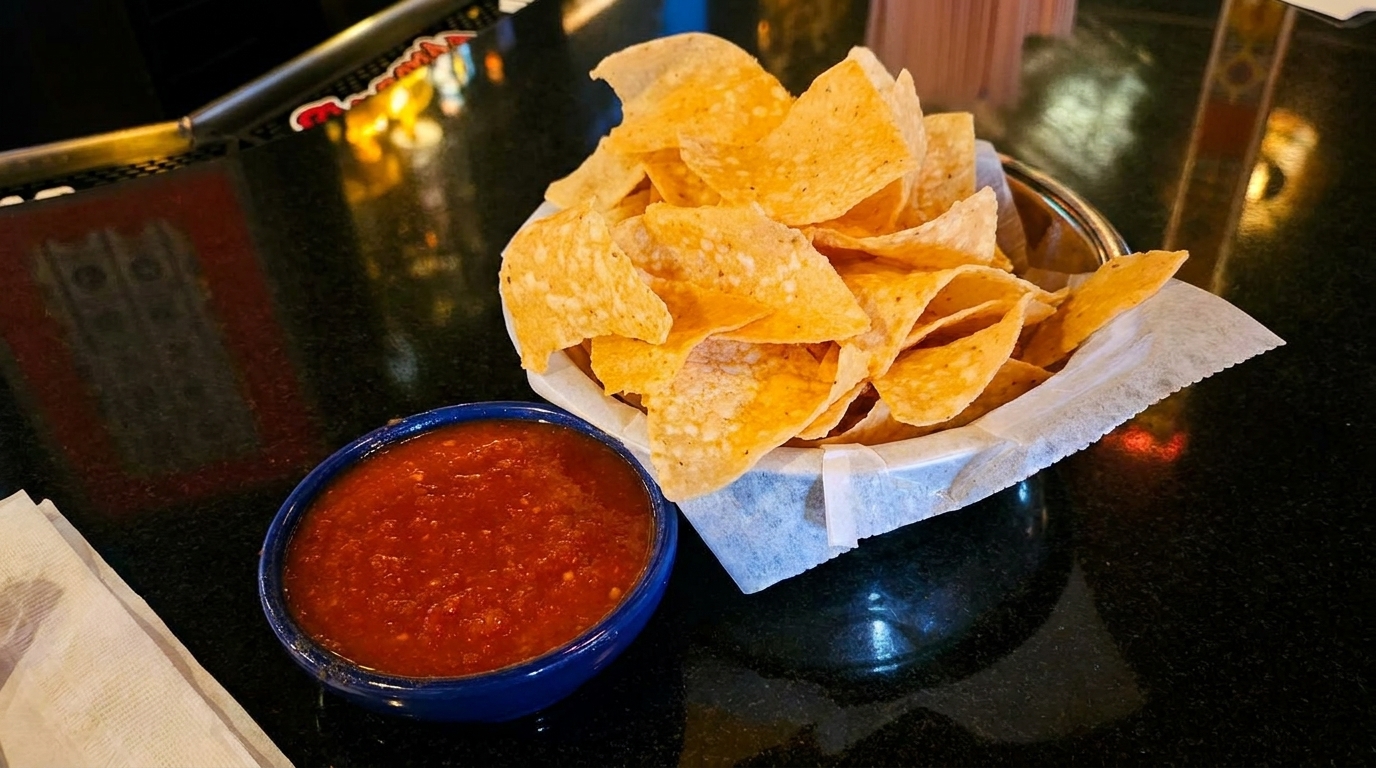 A blue bowl of red salsa next to a basket of tortilla chips on a dark table.